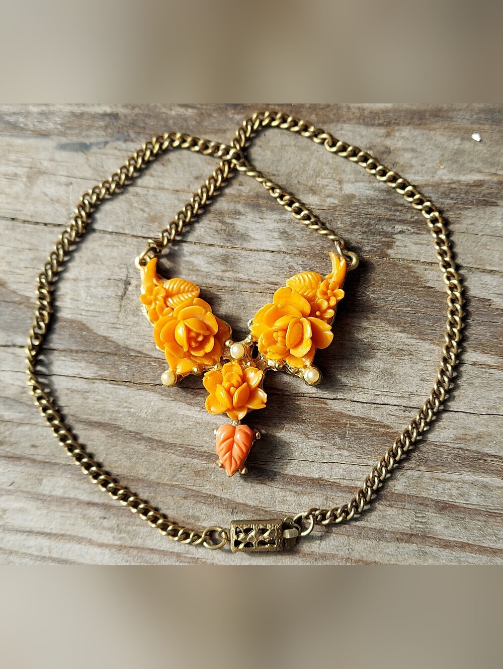 Vintage Coral Rose Necklace With Pearls